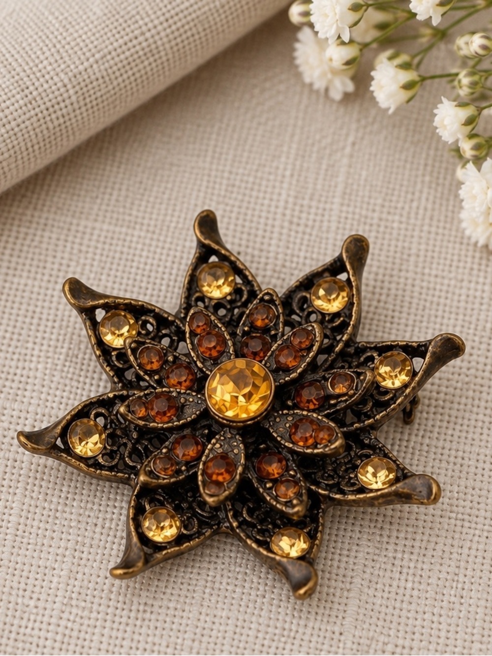 Vintage Style Bronze-Tone Star Flower Brooch